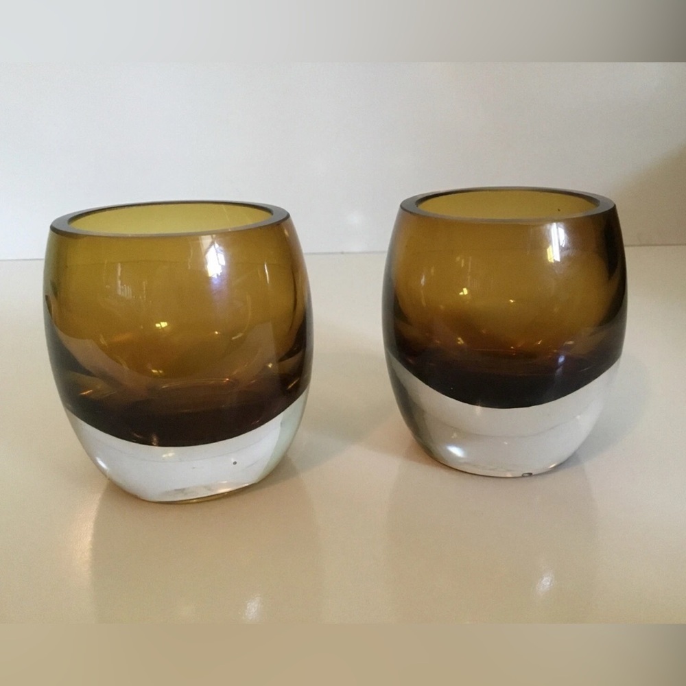 2 Mikasa Votive Candle Holders Home Accents Glass Solaris Amber Heavy Base ~ NEW